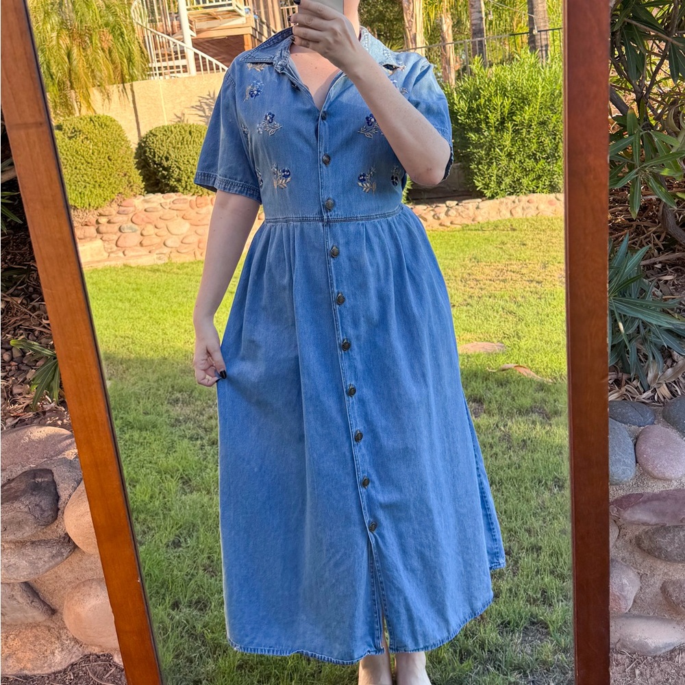 Embroidered Button-Down Denim Dress vintage